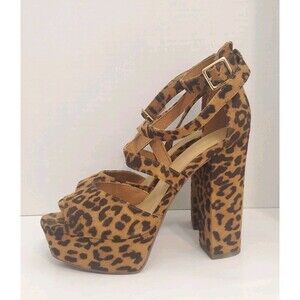 Speed Limit 98 Leopard Print Suede High Blocky Heel Size 8 Strappy With Box